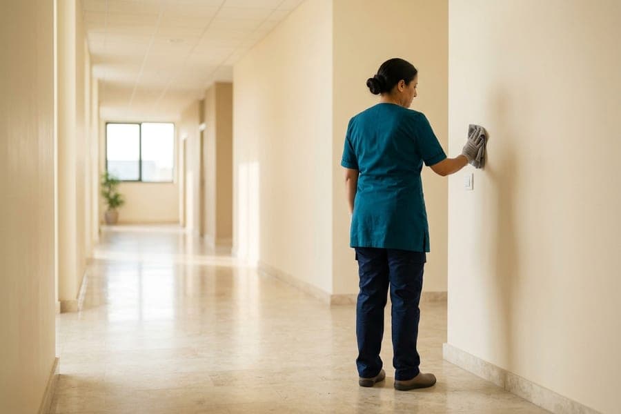 Couloir d'immeuble carrelé et lumineux, intervenante essuyant le mur au fond